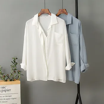 Минималистичные свободные белые рубашки для женщин с отложным воротником, однотонные женские рубашки, топы 2023, Весенне-летние блузки, Стильная уличная одежда