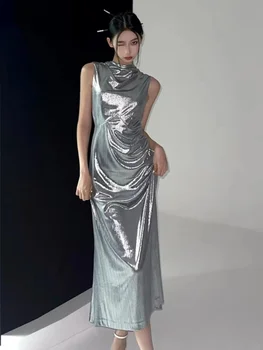 Серебристый металлик, уличное платье с открытой спиной, женское платье 2023, новое лето, французский стиль, Темперамент, Чувственное вечернее платье, сексуальное платье