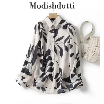 Modishdutti 2024 Высококачественная Летняя Женская Модная Рубашка С Длинным Рукавом И Принтом, Женская Повседневная Свободная Универсальная Блузка, Топы