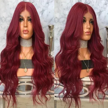 Потрясающая Темно-винно-красная Длинная Объемная волна, синтетические парики на кружеве 13X4, Бесклеевые волосы из высококачественных термостойких волокон для женщин