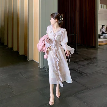 летнее розовое шифоновое платье с V-образным вырезом и цветочным рисунком, женская юбка средней длины с оборками на талии и платье-комбинация