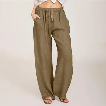 Летние льняные женские однотонные брюки с эластичной резинкой на талии, Свободные хлопчатобумажные брюки, Цветные женские брюки, прямые длинные брюки, пляжная повседневная одежда в стиле бохо