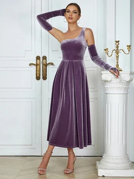 Сексуальные фиолетовые женские платья макси на одно плечо, Элегантный модный бархат с перчатками, тонкое длинное платье для вечеринок знаменитостей, клубное длинное платье