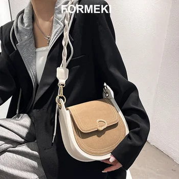 Formeki Сумка через плечо для женщин, ретро-седельная сумка, Уличная Ins Модная сумка через плечо смешанного цвета с широким ремешком