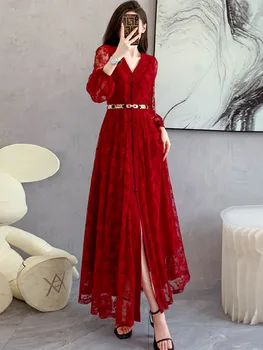 Дизайнерское модное Осеннее платье SMTHMA, женское Сексуальное платье с V-образным вырезом и длинным рукавом, красное кружевное открытое цветочное Элегантное Длинное платье с поясом