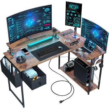 Игровой стол L-образной формы, 47-дюймовый Компьютерный стол со Светодиодной Подсветкой и Регулируемой Подставкой, розетками питания и ящиком для хранения