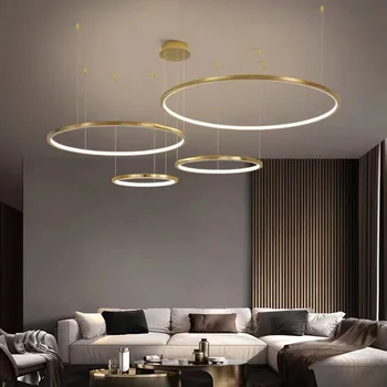 Современная золотая светодиодная люстра для гостиной, кольцевой дизайн, домашние светильники для внутреннего освещения, простые круглые подвесные светильники из нержавеющей стали