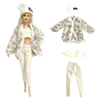 NK 1 комплект кукольной одежды в стиле стрит-арт, милая вязаная шапка + теплое пальто + ТОП + белые кожаные брюки для куклы Барби, Аксессуары