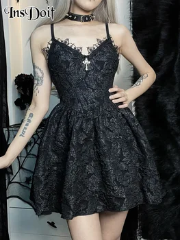 InsDoit, Готическое Черное Сексуальное летнее платье с корсетом, женская уличная одежда, мини-платье в стиле Лолиты с открытой спиной, без рукавов, Элегантные вечерние клубные платья