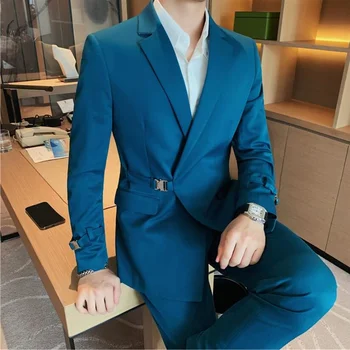 (Куртка + Брюки) Мужские Весенние Деловые костюмы Высокого качества/Мужские Приталенные Модные Повседневные Офисные платья из 2 частей, блейзеры S-4XL