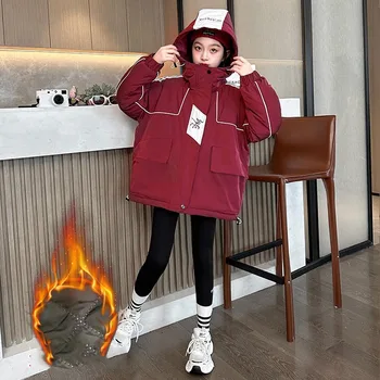 Корейская зимняя куртка для девочек, утепленная куртка для девочек в полоску, парка для девочек-подростков с капюшоном, Теплое Зимнее пальто